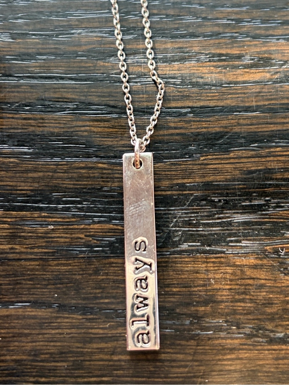 Silver Bar Pendant Necklace Engraved with "Always"  Adjustable length